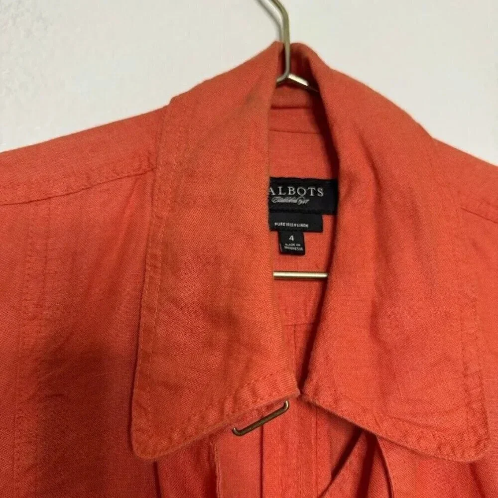 Talbots Orange Irish Linen Trench Coat Button Belted Summer Spring Jacket Sz 4P